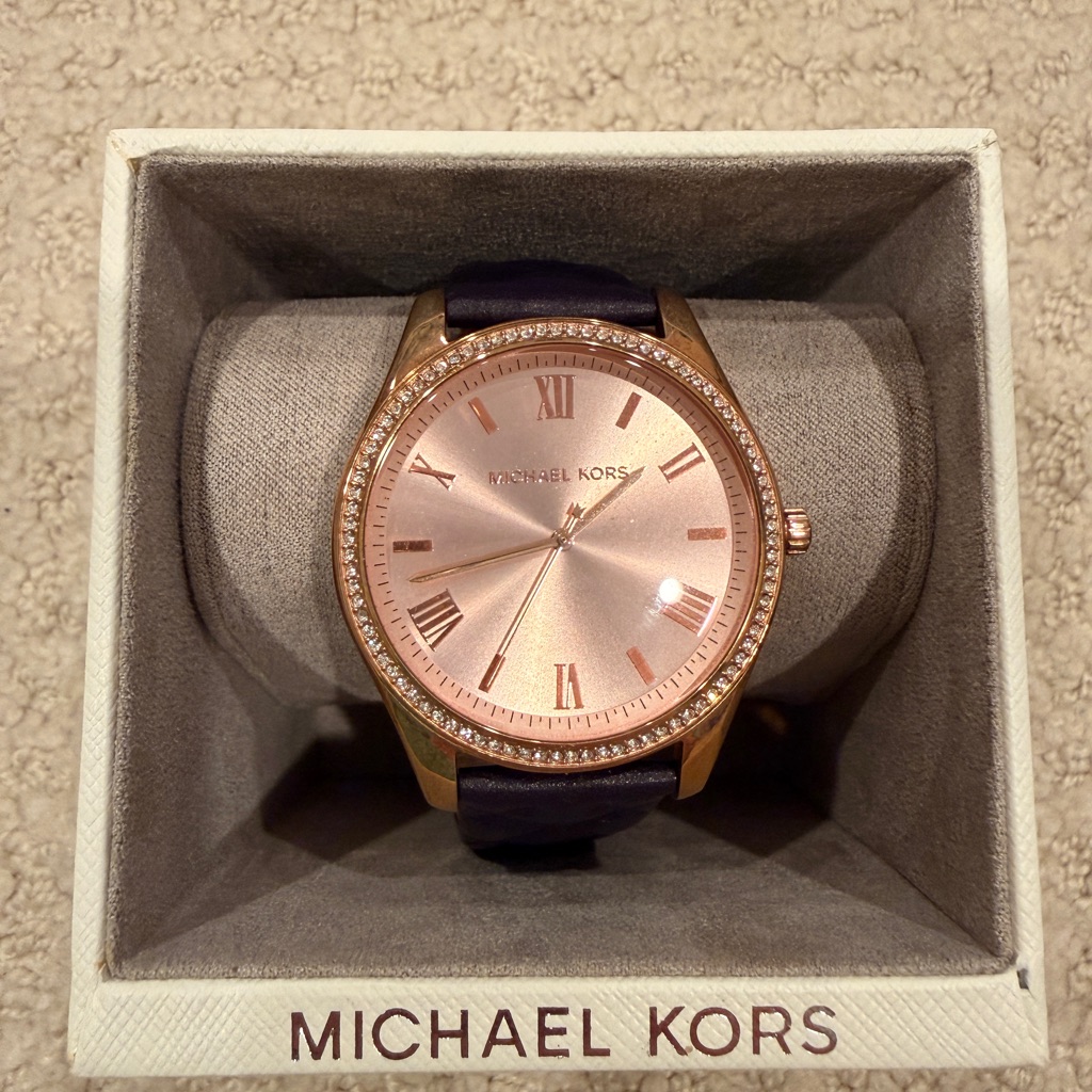 Michael Kors Rose Gold Dial Watch With Dark Blue Strap